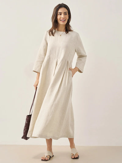 100% Linen Bateau Neck Pleated Maxi Dress ABIGAIL