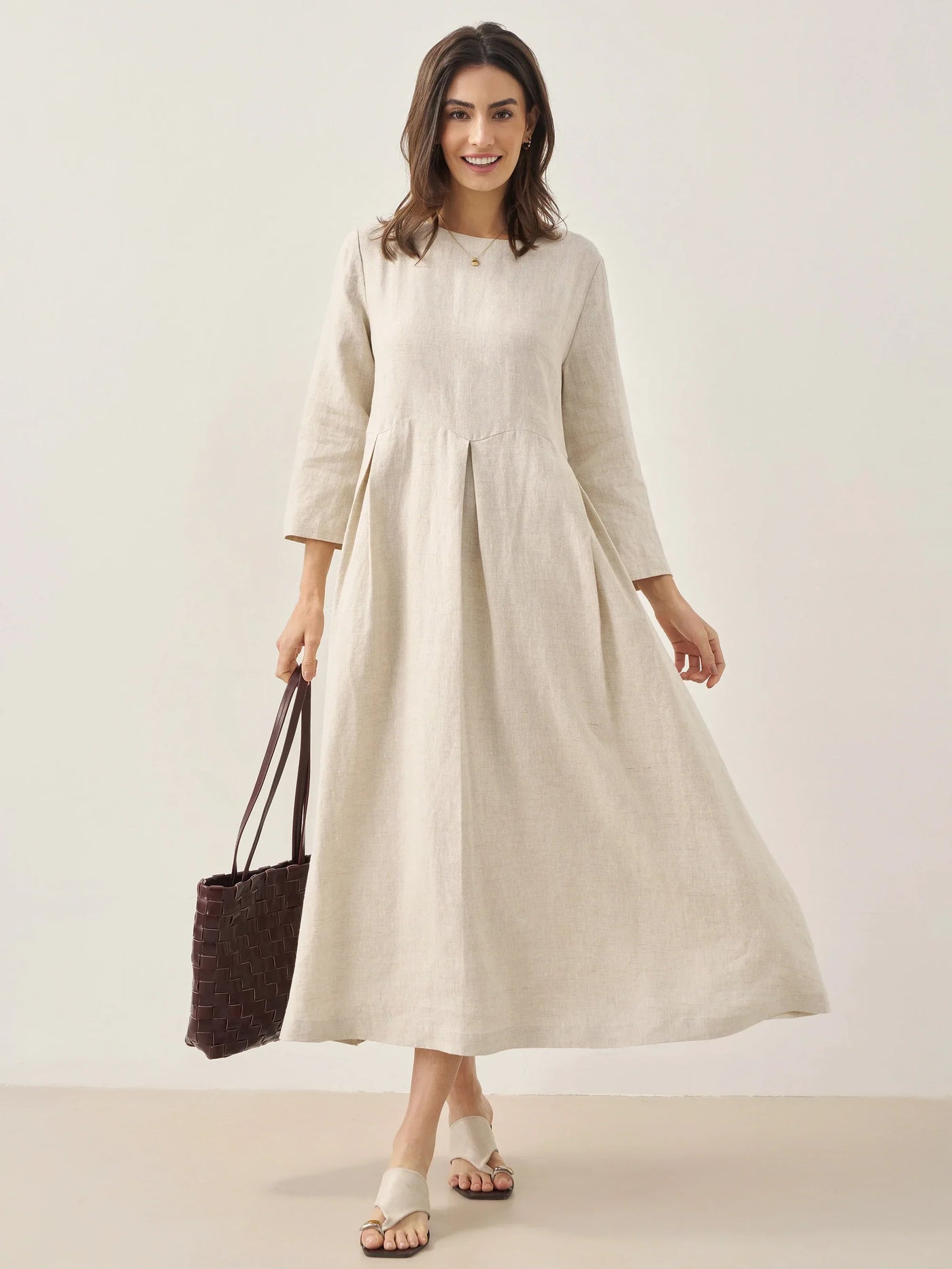100% Linen Bateau Neck Pleated Maxi Dress ABIGAIL