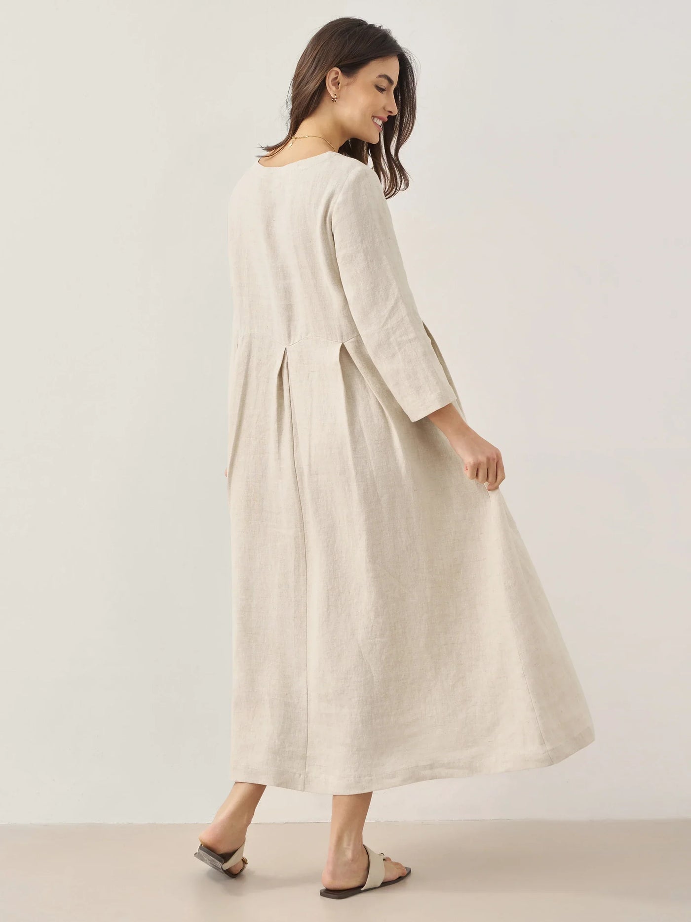 100% Linen Bateau Neck Pleated Maxi Dress ABIGAIL