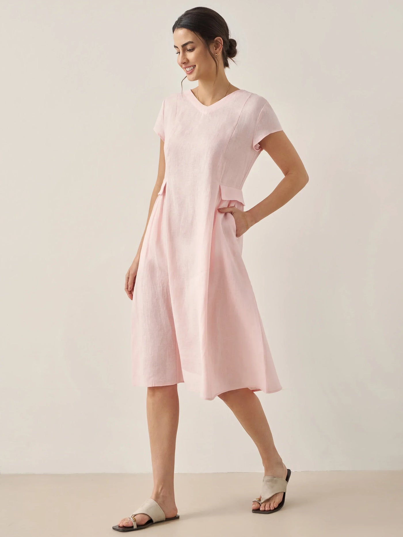 100% Linen Natural Summer V-Neck Dress ALEXA