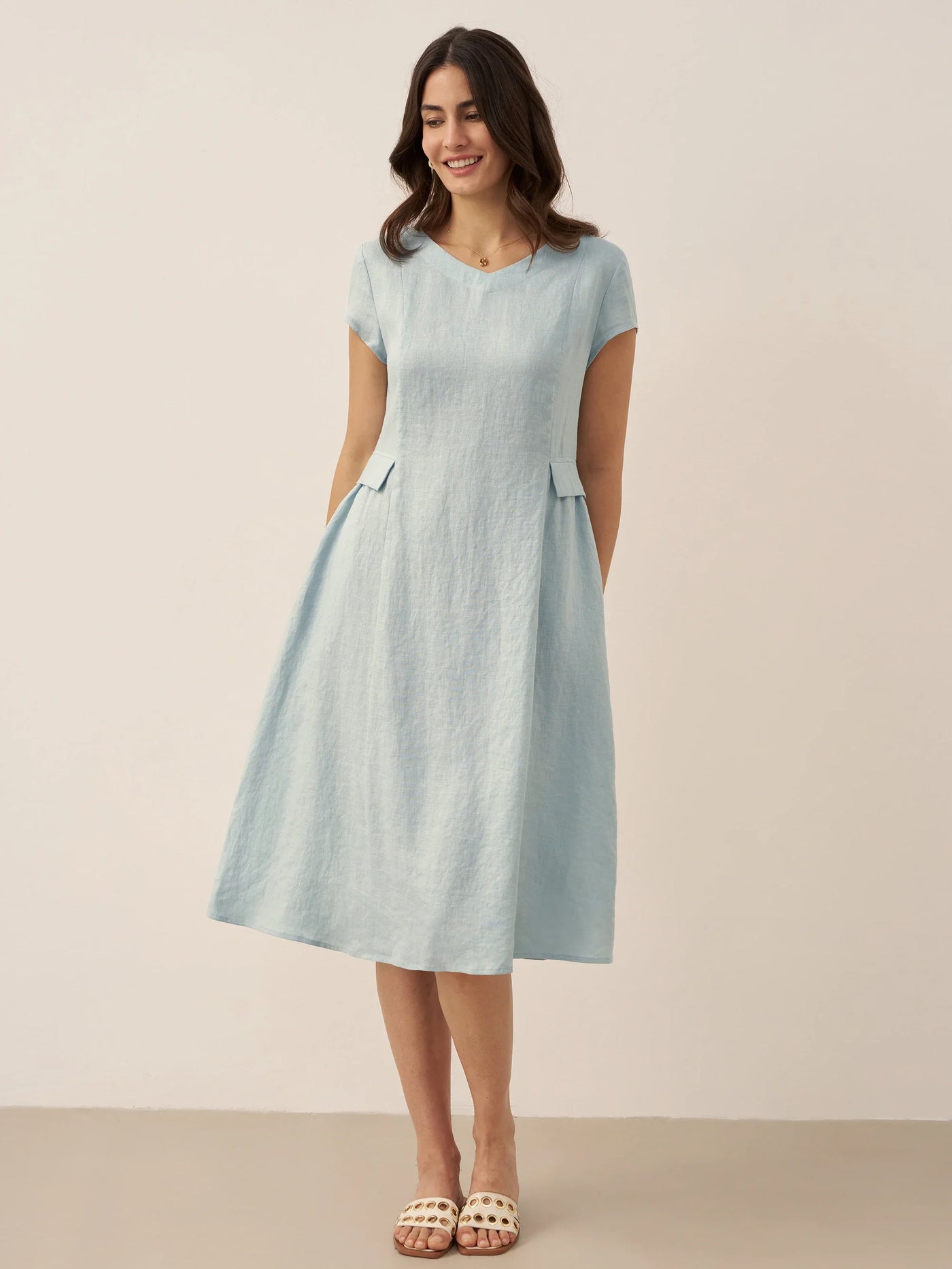 100% Linen Natural Summer V-Neck Dress ALEXA