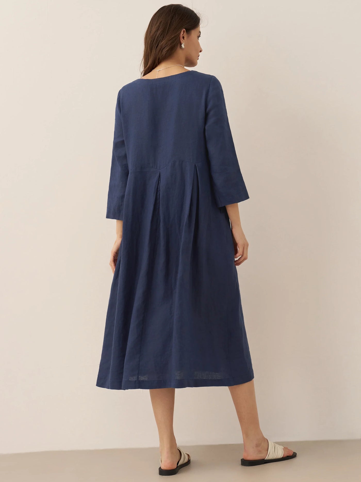 100% Linen Bateau Neck Pleated Maxi Dress ABIGAIL