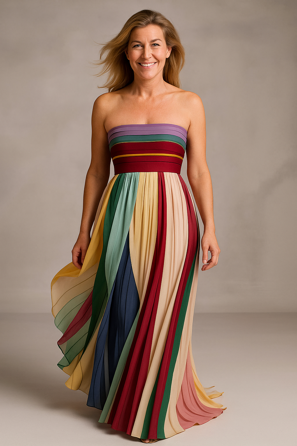 Elegant Striped Printed Off-shoulder Pleated Bandeau Maxi Dress