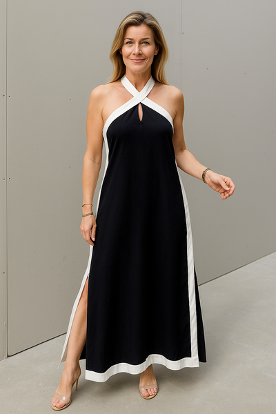 Color Block Halter Neck Slit Maxi Dress