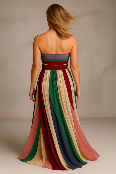 Elegant Striped Printed Off-shoulder Pleated Bandeau Maxi Dress
