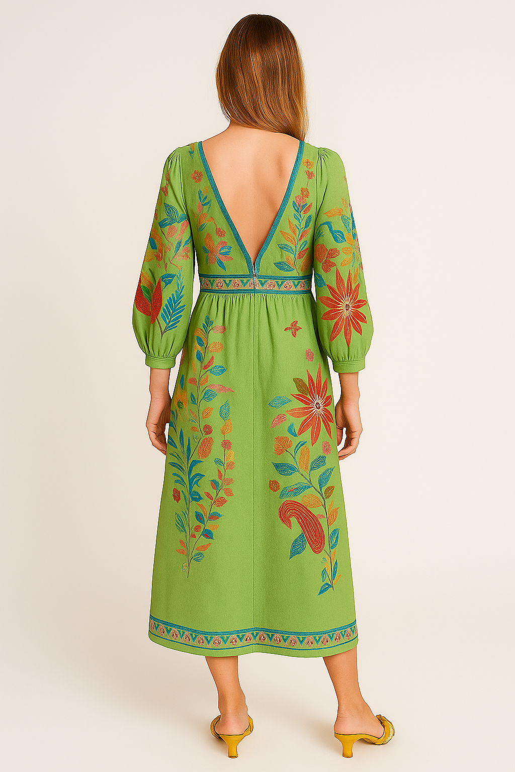 Delicate Floral V-Neck Single Breasted Midi Dress