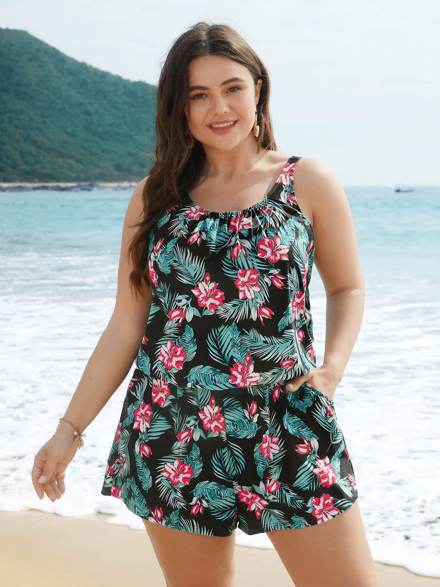 Tropical Flower Print Pockets One-Piece Swimsuit