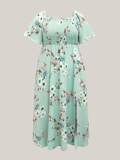 Floral Square Neck Ruffles Pocket Shirred Split Dress