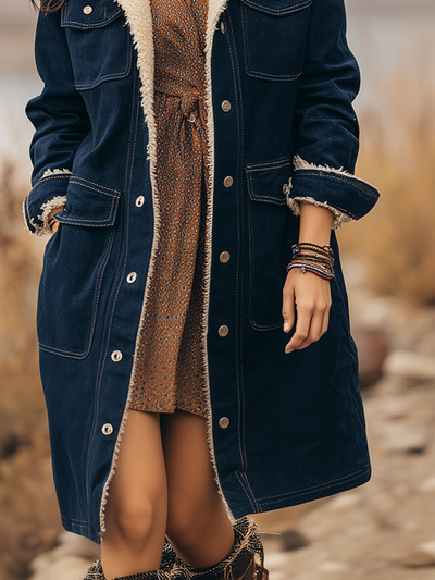 Vintage Long Faux Sherpa Lined Denim Coat