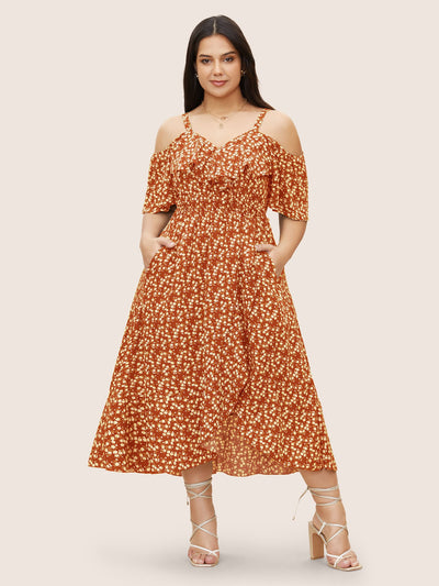 Ditsy Floral Pocket Wrap Cold Shoulder Ruffle Dress