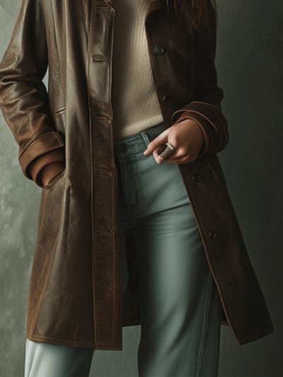 Classic Brown Leather Trench Coat