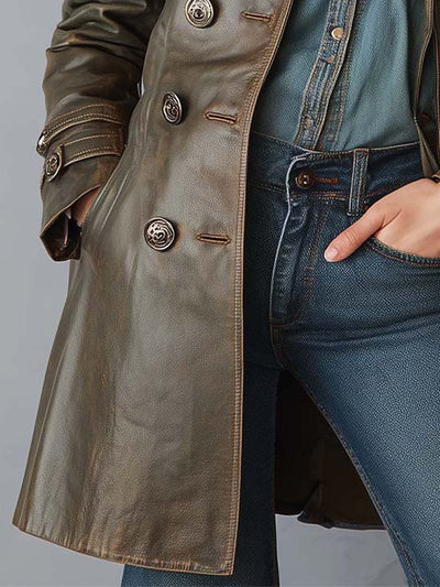 Vintage Olive PU Leather Trench Coat