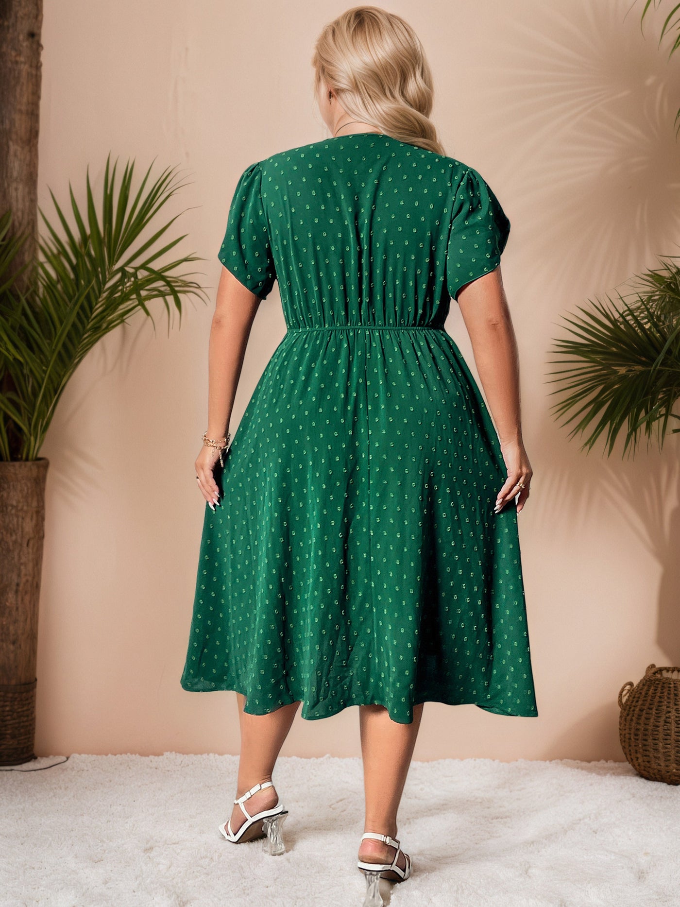 V-Neck Dark Green Tea Length Plus Size Dress