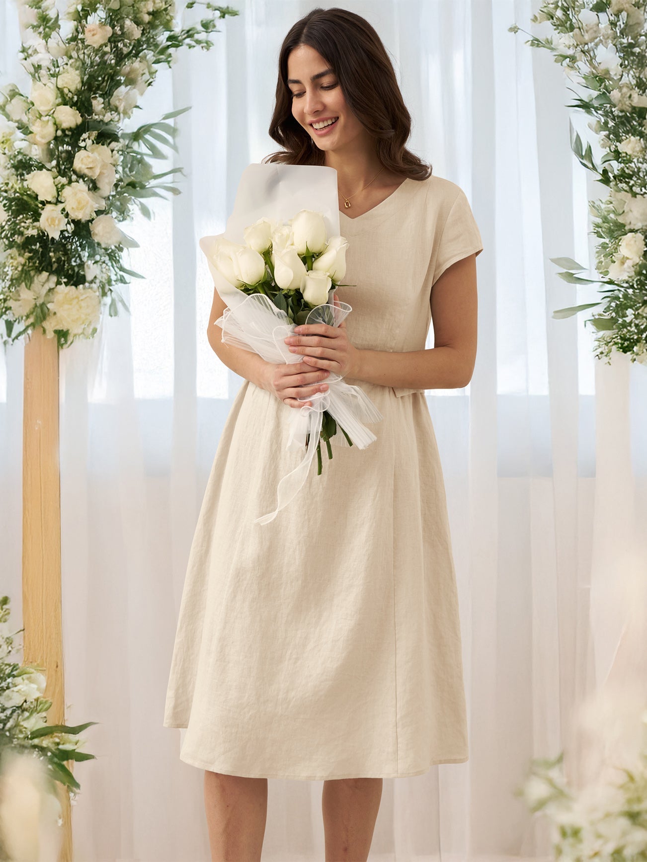 100% Linen Natural Summer V-Neck Dress ALEXA