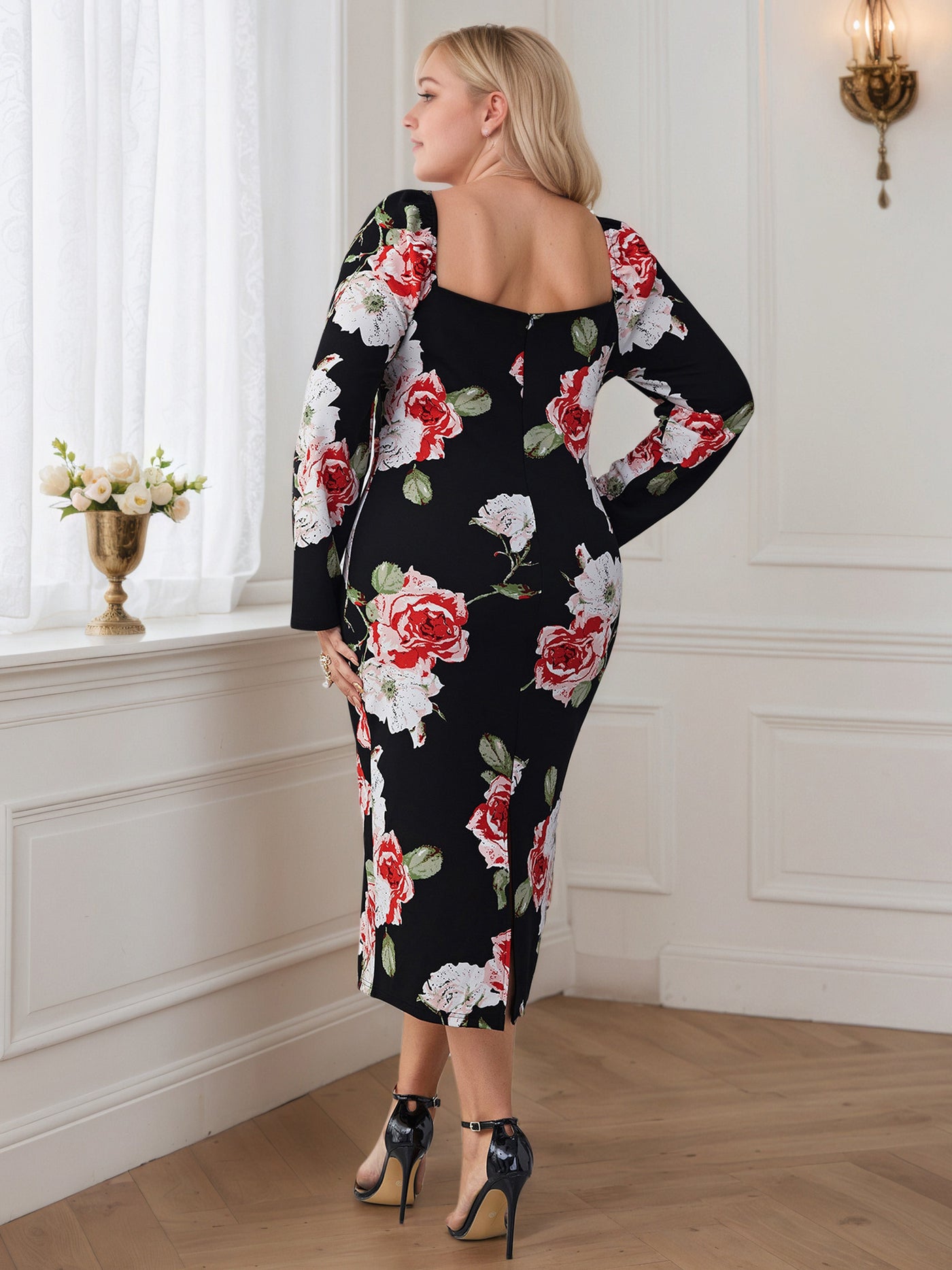 Floral Long Sleeves Plus Size Dress