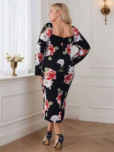 Floral Long Sleeves Plus Size Dress