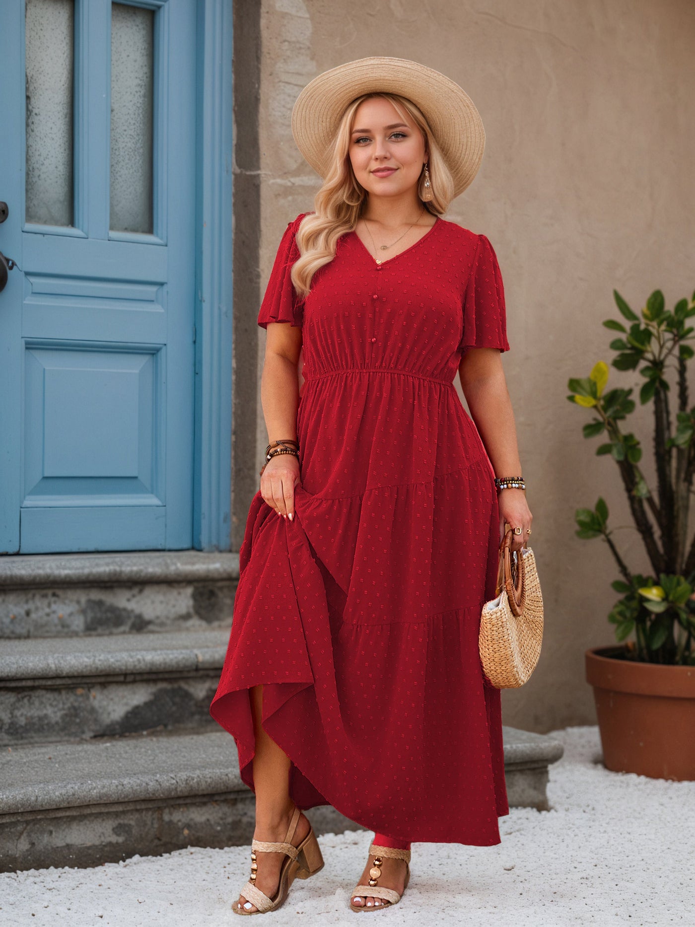 Red V-Neck Ankle Length Plus Size Dress with Belt