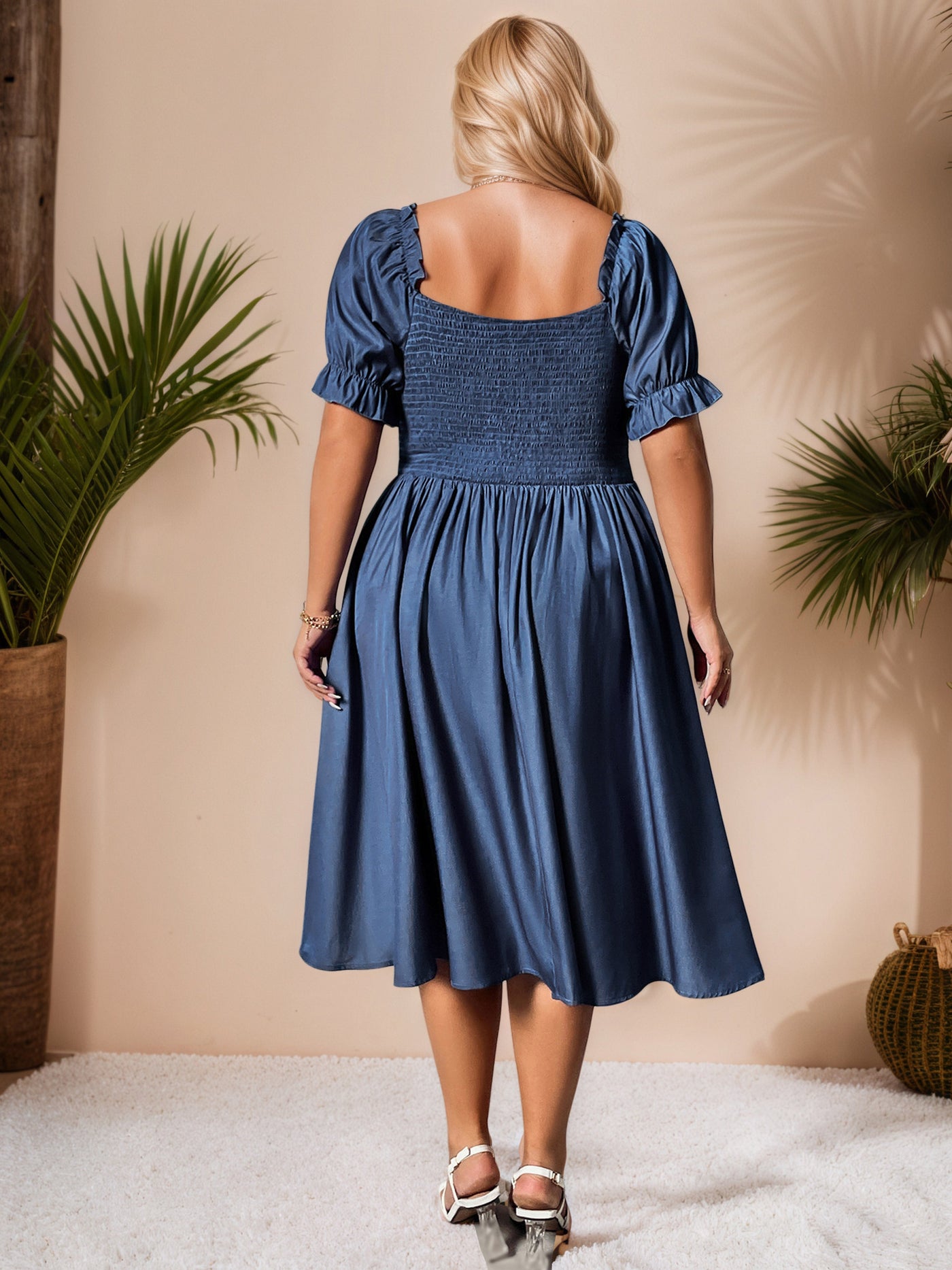 Short Sleeves Slate Blue Plus Size Dress