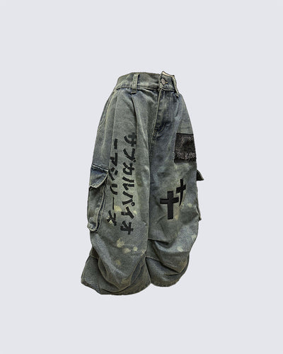 Gothic Washed Denim Shorts with Chains