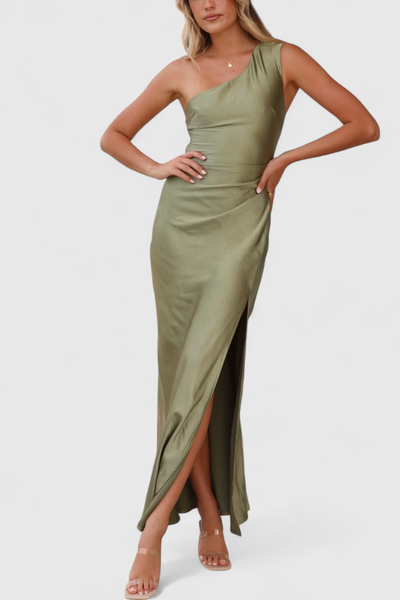 Josefa One Shoulder Dress with Pleats and High Slit