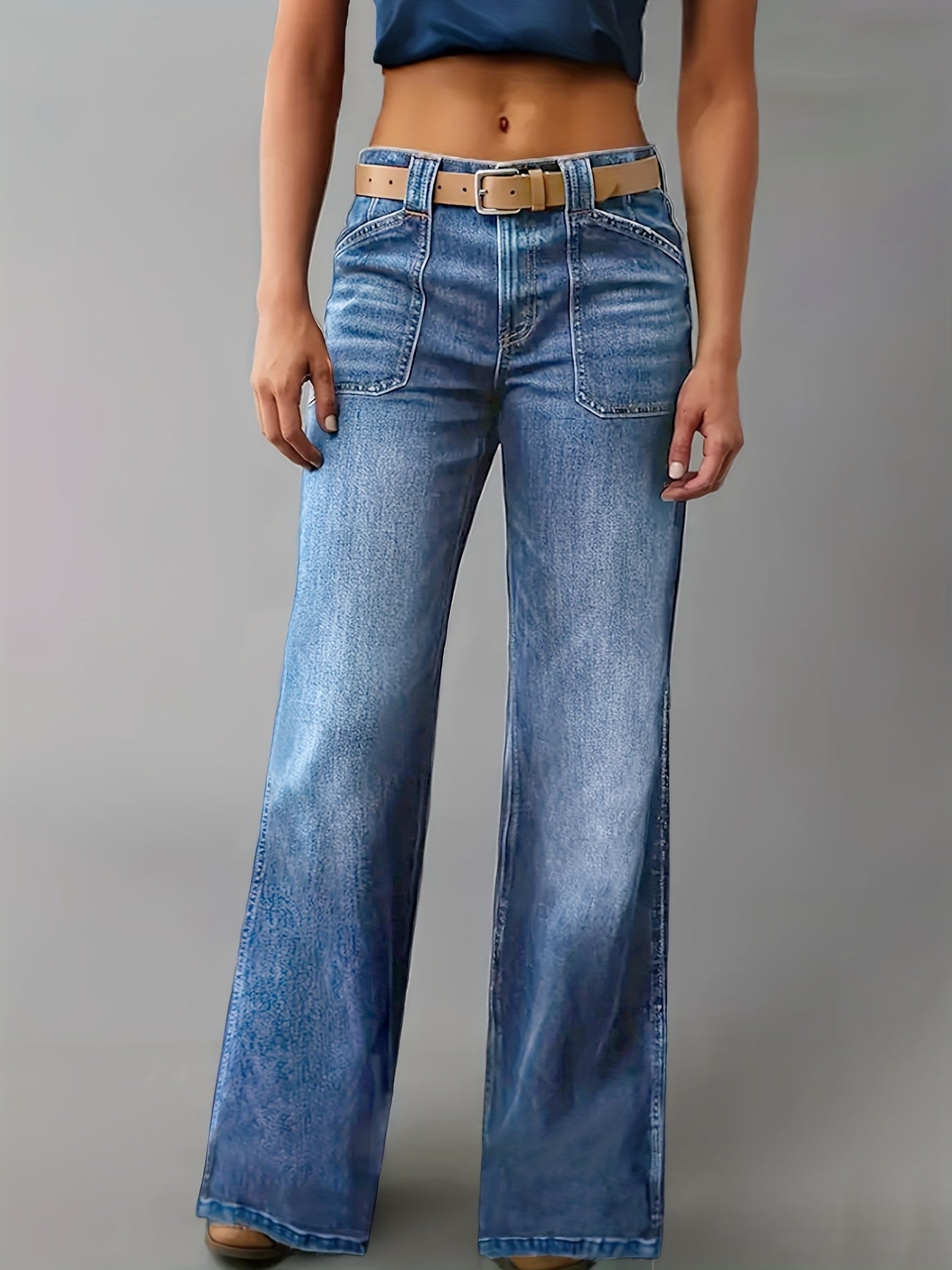Retro Wide-Leg Patch Pocket Jeans".