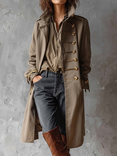 Vintage Military-Inspired Khaki Trench Coat With Gold Button Detailing