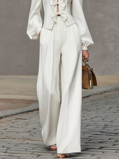 Elegant Retro Style White Bow-decorated Wide-leg Pants Suit