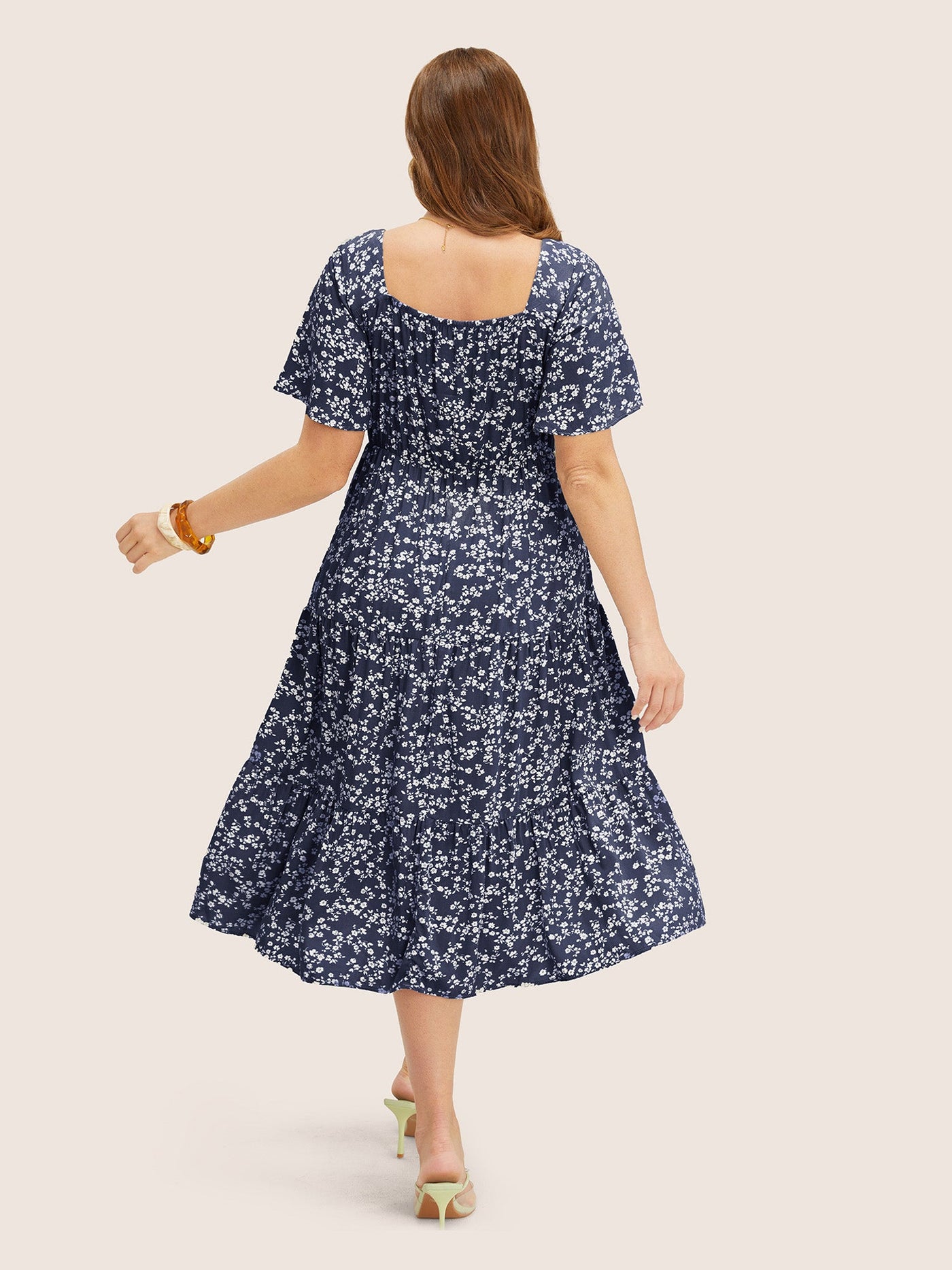 Ditsy Floral Sweetheart Drawstring Pocket Tiered Dress