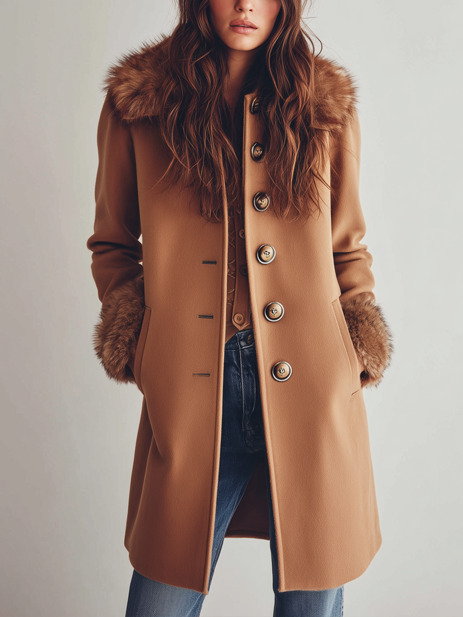 Vintage Fur Collar Button Wool Blend Coat