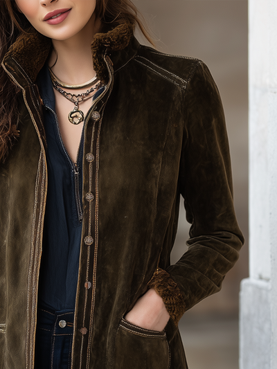 Vintage Shearling Collar Eco-friendly Suede Jacket