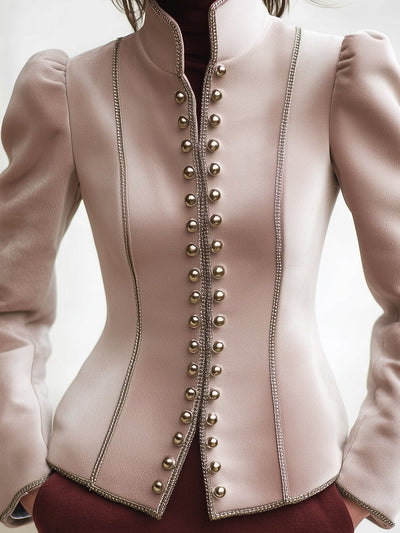 Elegant Vintage Silver Thread Edged Puff Sleeve Woolen Jacket