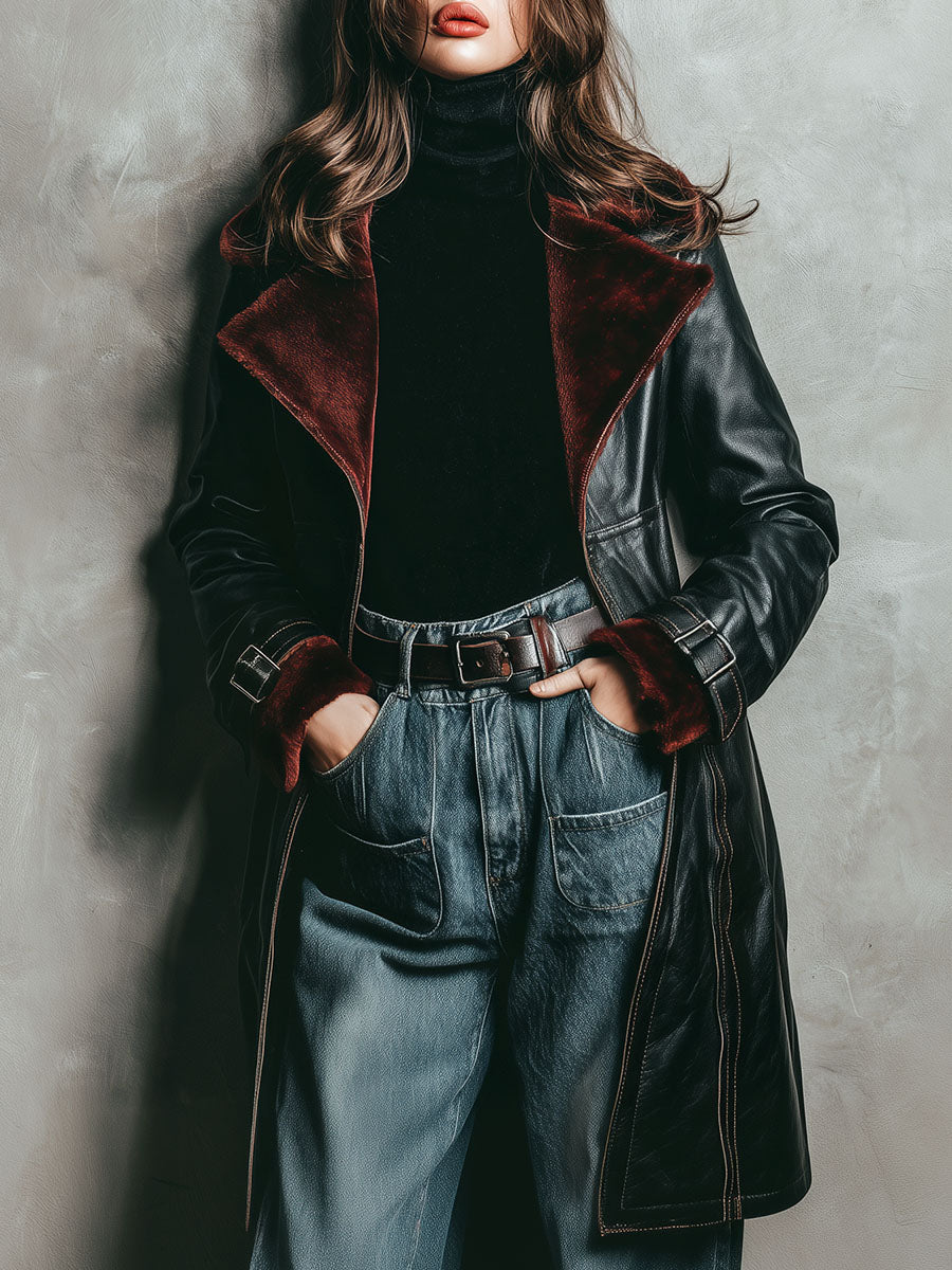 Retro Black Eco Leather & Burgundy Shearling Lining Coat With Buckle Cuffs