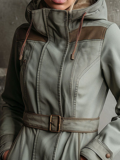 Utility Hooded Belted Parka Coat With Contrast Panels