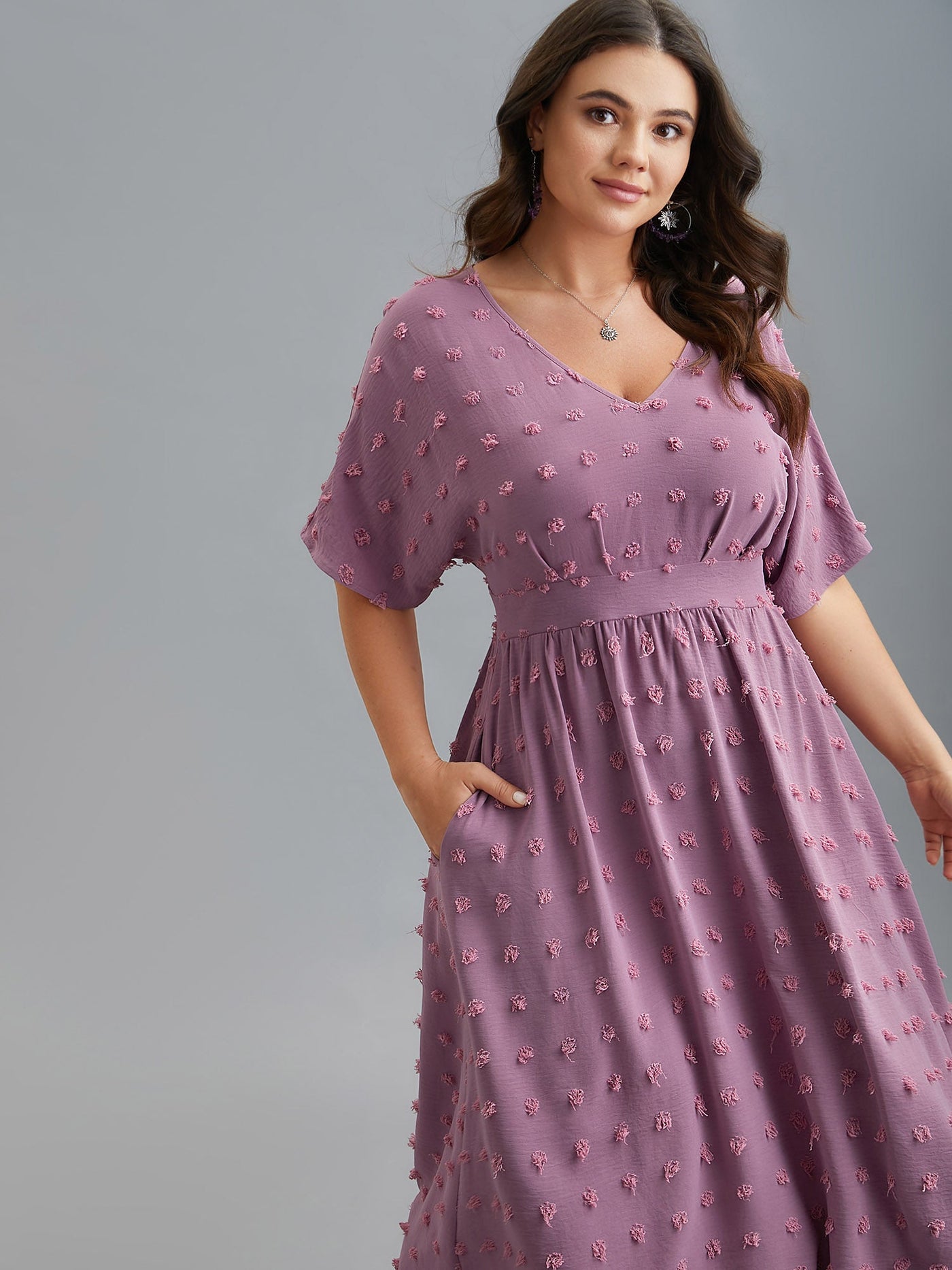 V-Neck Textured Batwing Sleeve Midi Dress