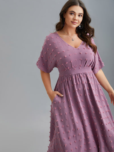 V-Neck Textured Batwing Sleeve Midi Dress