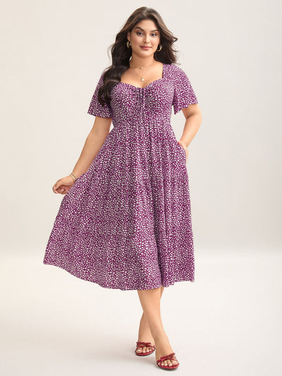 Ditsy Floral Sweetheart Drawstring Pocket Tiered Dress