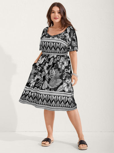Boho Print Fit Flare Pockets Midi Dress