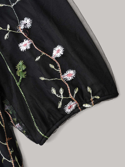 Floral Embroidered Elastic Waist Lined Midi Dress