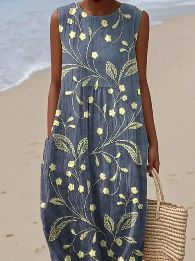 Women's sleeveless floral print dress, cotton and linen