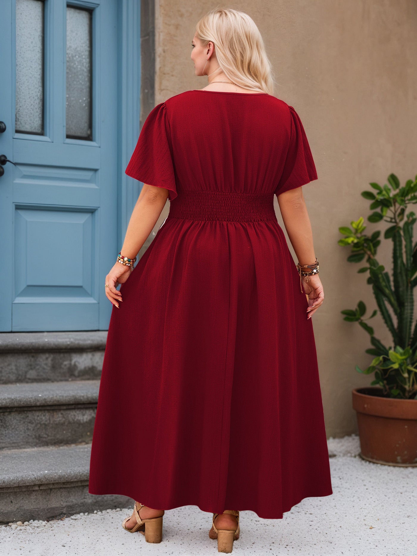 V-Neck Burgundy Ankle Length Plus Size Dress