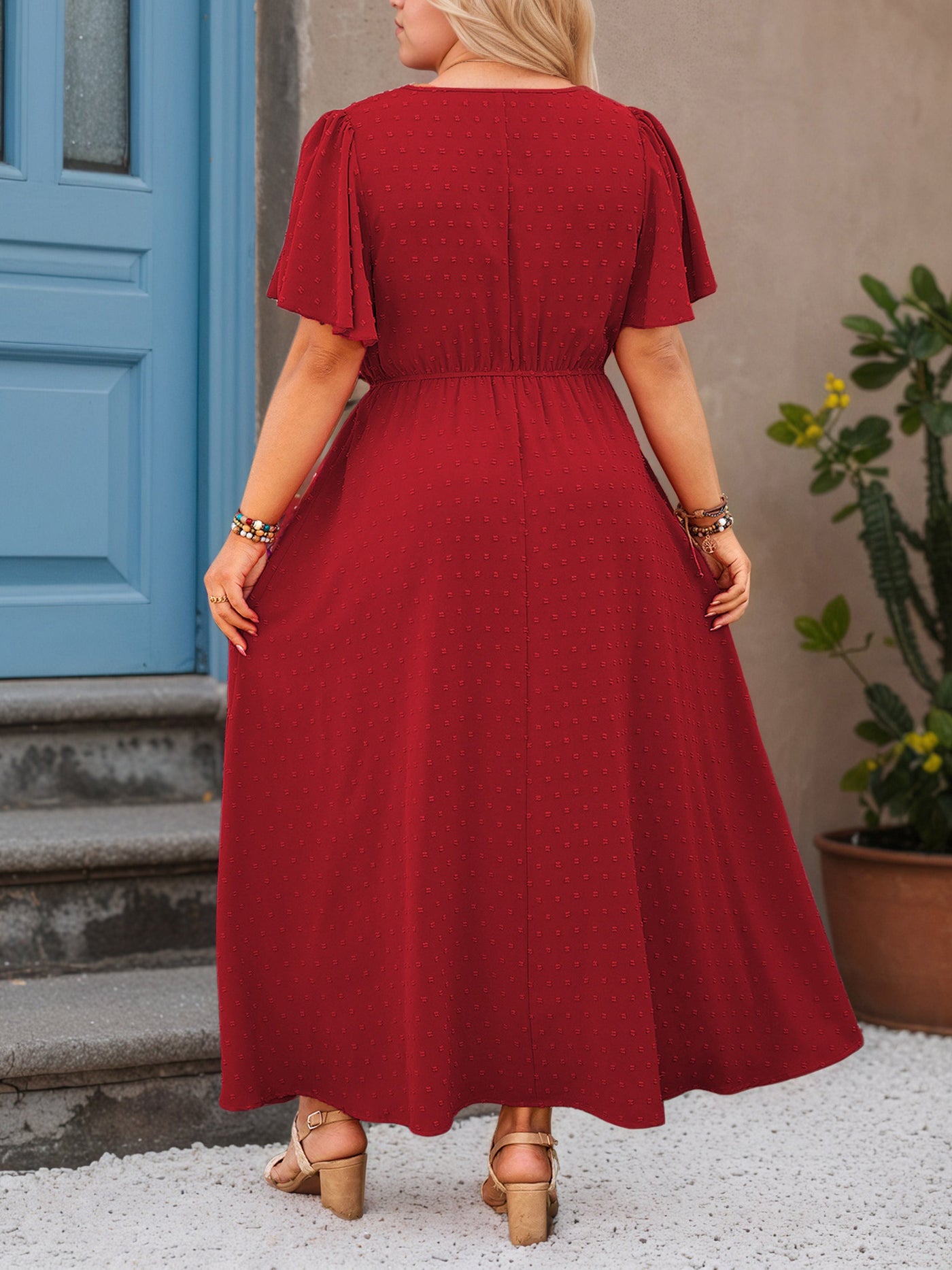 Red V-Neck Ankle Length Plus Size Dress with Belt