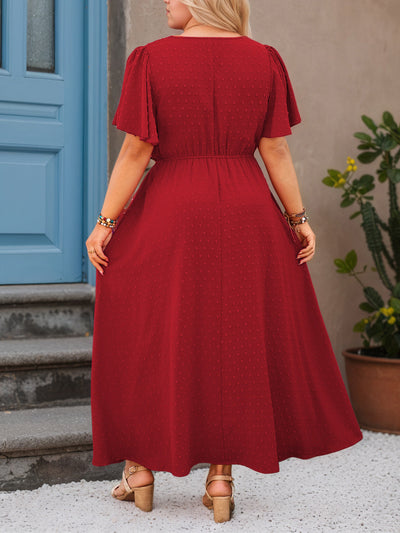Red V-Neck Ankle Length Plus Size Dress with Belt