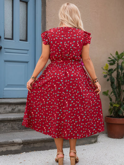 Red Floral Printed Cap Sleeves Plus Size Dress