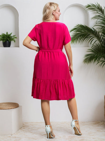 Magenta Knee Length Notched Plus Size Dress