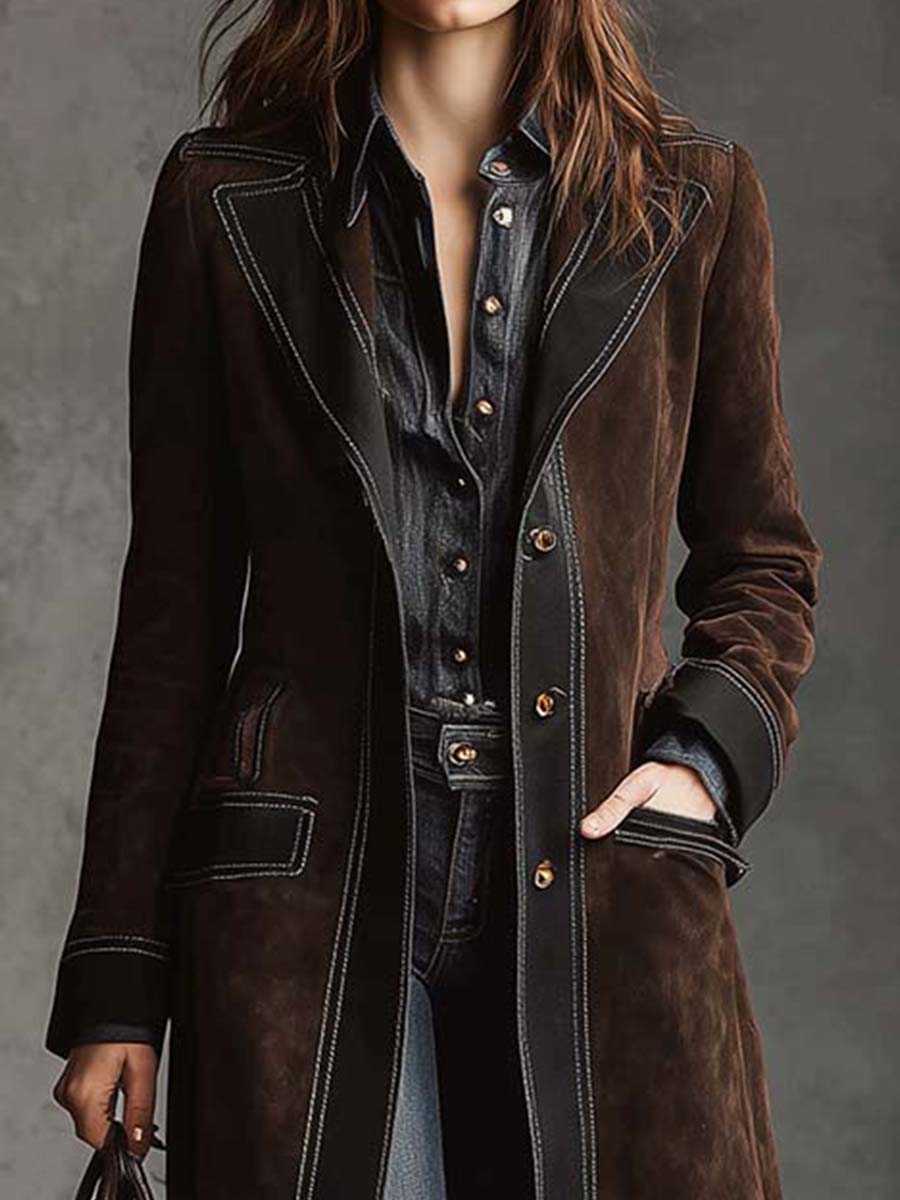 Vintage Brown Suede Maxi Coat With Contrast Trim