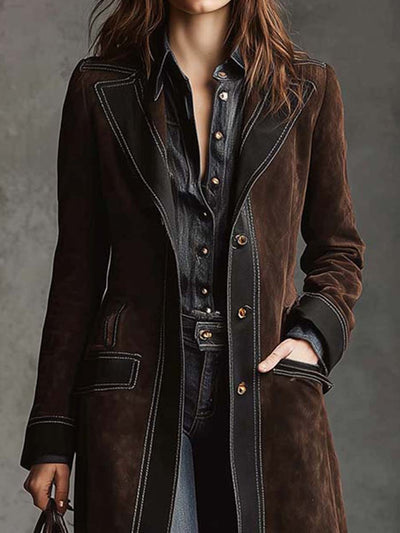 Vintage Brown Suede Maxi Coat With Contrast Trim