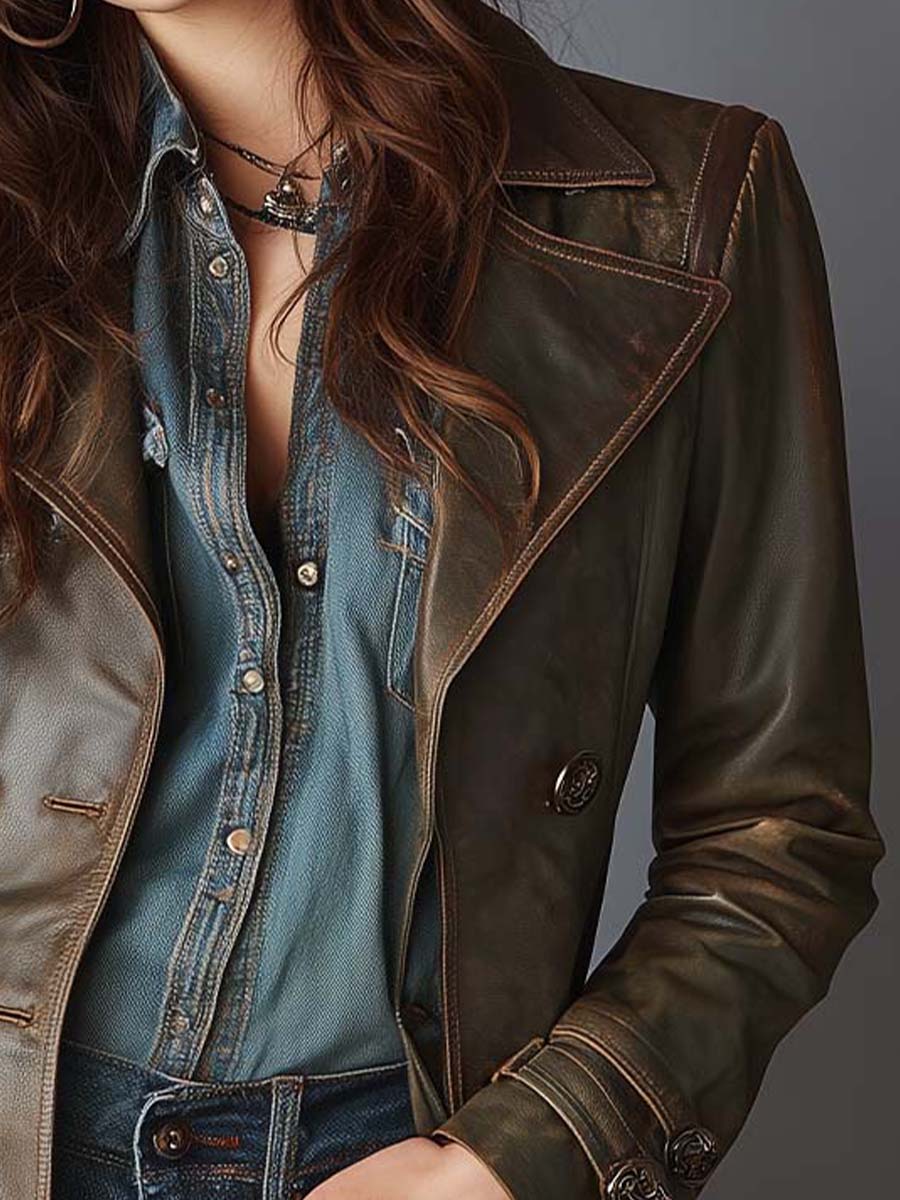 Vintage Olive PU Leather Trench Coat