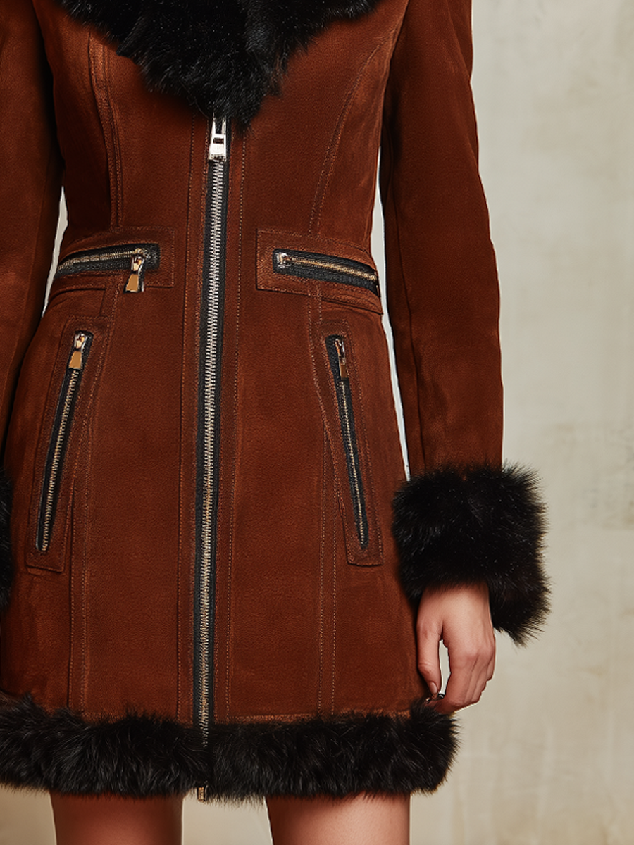 Retro Multi-zipper Fur Collar Eco-friendly Suede Coat