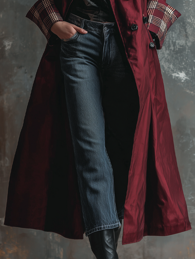 Retro Plaid Cuffs Exaggerated Lapel Trench Coat