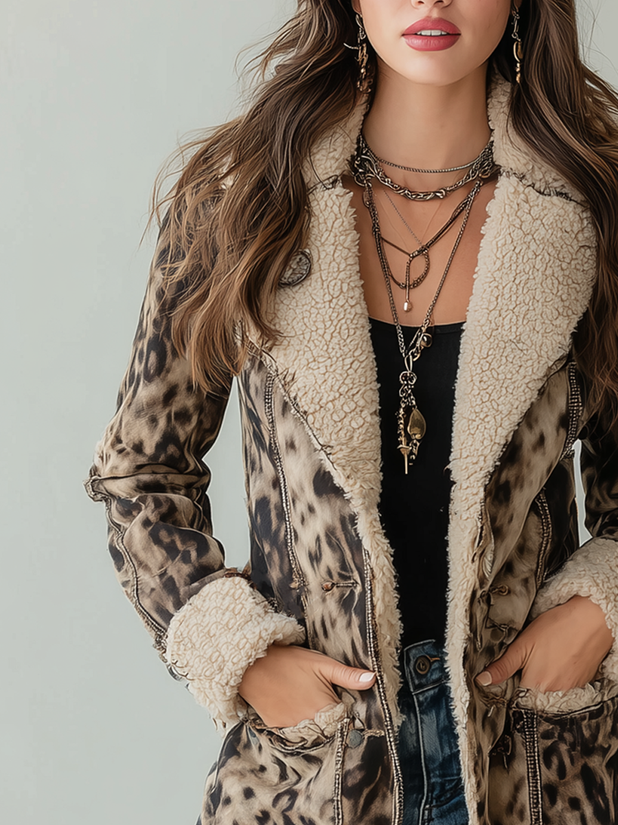Vintage Shearling Leopard Print Eco-friendly Suede Jacket